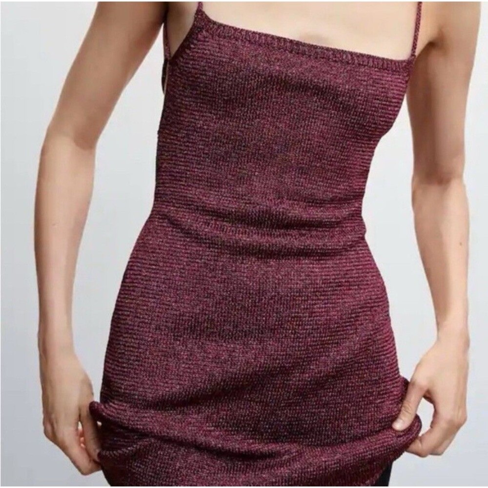 MNG Mango Lurex Cross Back Mini Dress Womens 4 Metallic‎ Pink